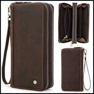 Top Grain Leather Clutch Wallet Wristlet Vintage Retro RFID Blocking Large